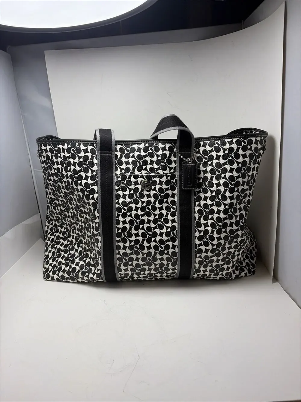 Coach F15159 Travel Tote PVC Huge 14x23x6 Guaranteed Authentic Black White